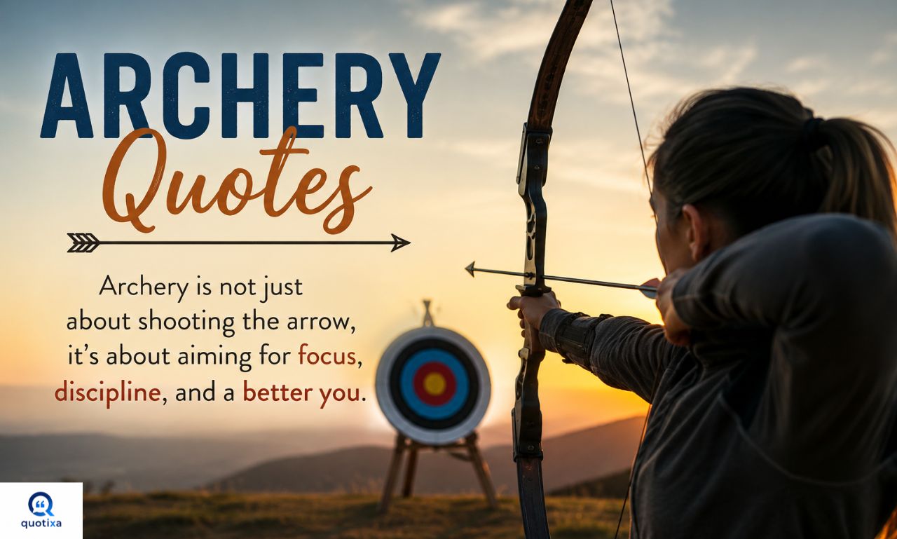 Archery quotes with an archer aiming a bow and arrow at a target during outdoor practice.
