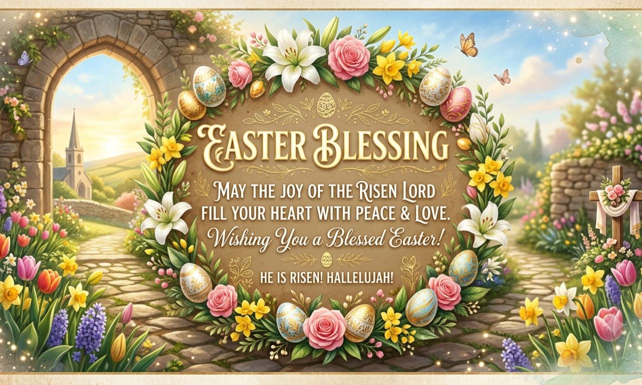 Easter Blessing Quotes featuring heartfelt messages of faith, hope, peace, and God's love with a beautiful Easter sunrise and spring flowers.