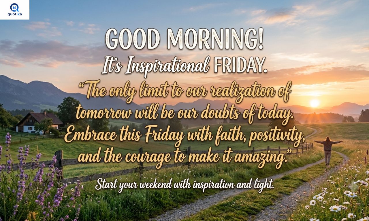 : Good Morning Inspirational Friday Quotes with a peaceful sunrise and uplifting message