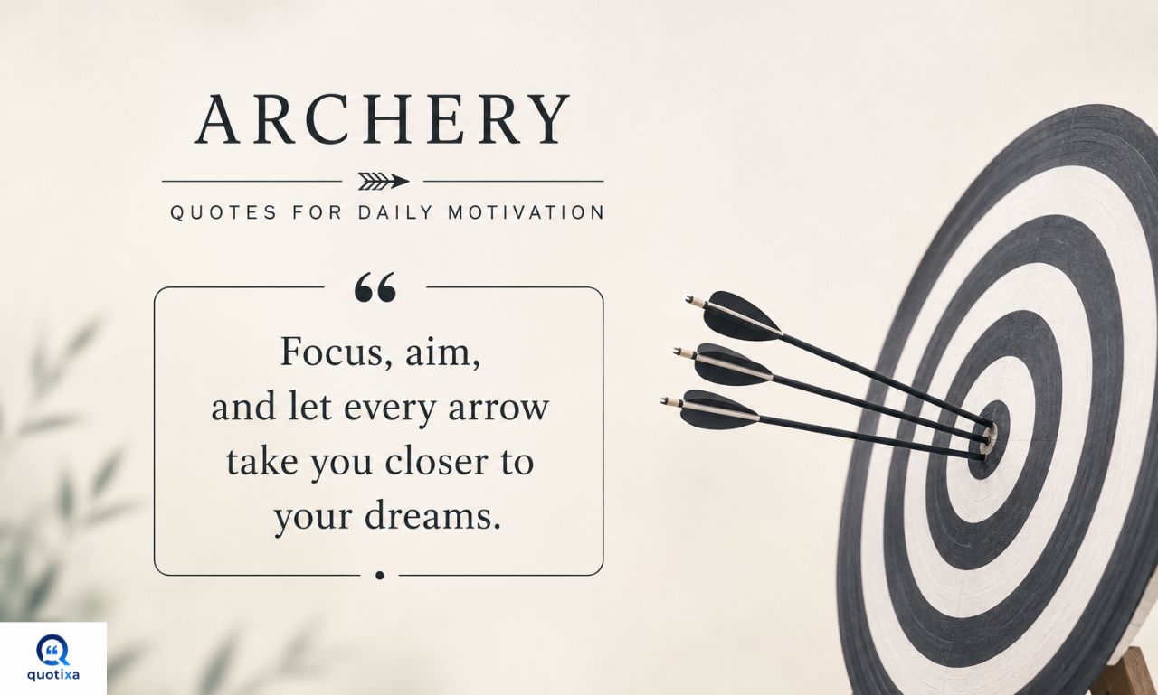 Inspirational archery quotes for daily motivation with an archer aiming a bow at a target.