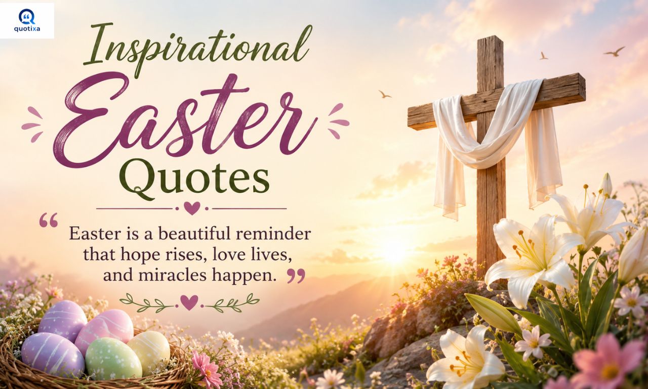 Inspirational Easter Quotes featuring uplifting sayings about hope, faith, renewal, and new beginnings with a beautiful Easter sunrise and spring flowers.