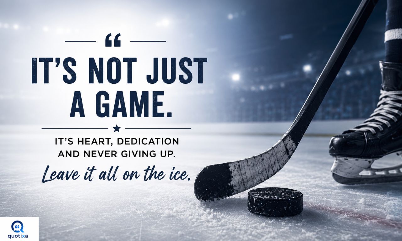 Inspirational Ice Hockey Quotes with a determined hockey player skating confidently on the ice.