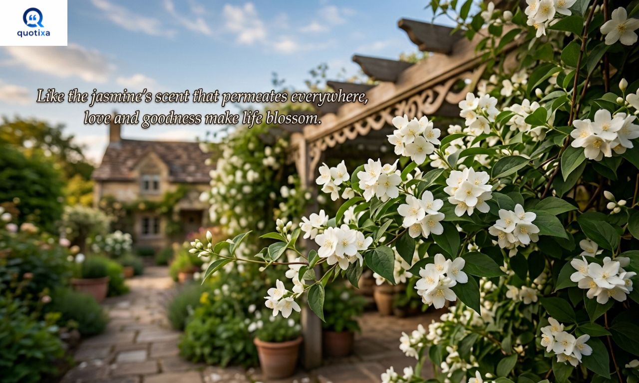 Inspirational jasmine flower quotes with fragrant white jasmine flowers in a peaceful garden.