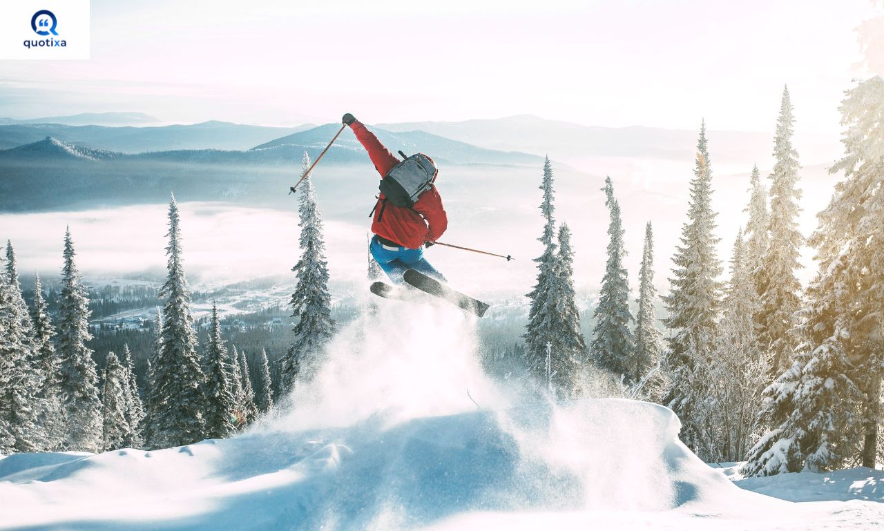 Inspirational skiing quotes with a skier enjoying a snowy mountain landscape.