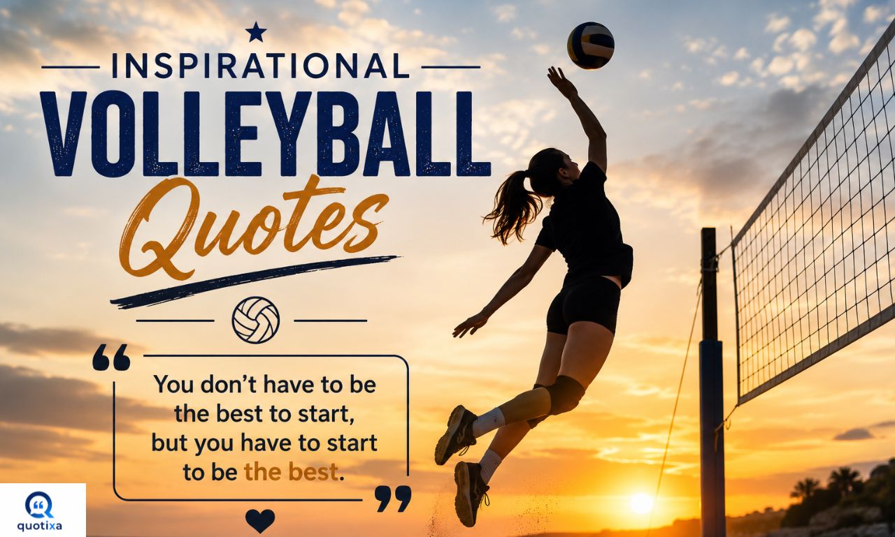 "Inspirational Volleyball Quotes with a determined player celebrating teamwork, perseverance, confidence, and success on the volleyball court."