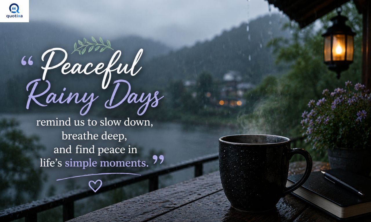 Peaceful Rainy Quotes image featuring gentle rainfall, calming nature, and inspiring quotes about peace, mindfulness, and inner calm.