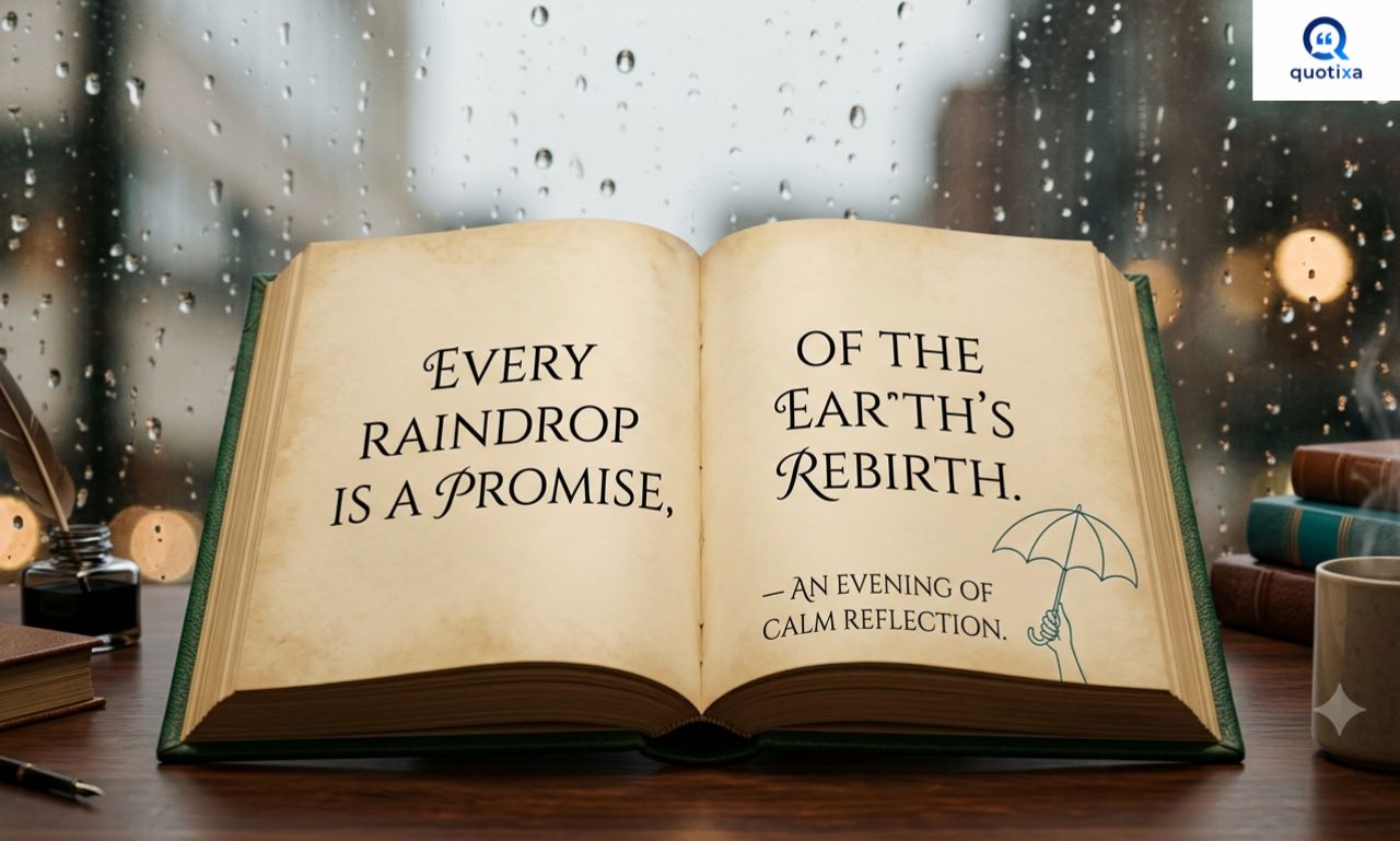 Rainy Quotes collection with a peaceful rainy landscape and motivational sayings for every mood.