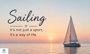 Sailing quotes image with a lone sailboat exploring the open sea at sunrise.
