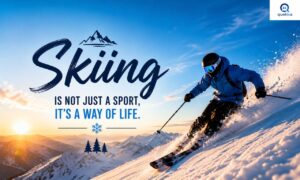 Skiing quotes featuring a skier on fresh snow surrounded by beautiful mountains.