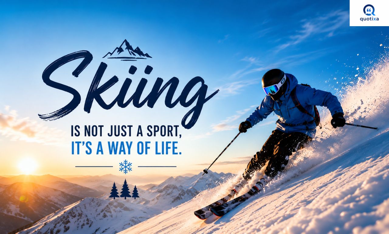 Skiing quotes featuring a skier on fresh snow surrounded by beautiful mountains.