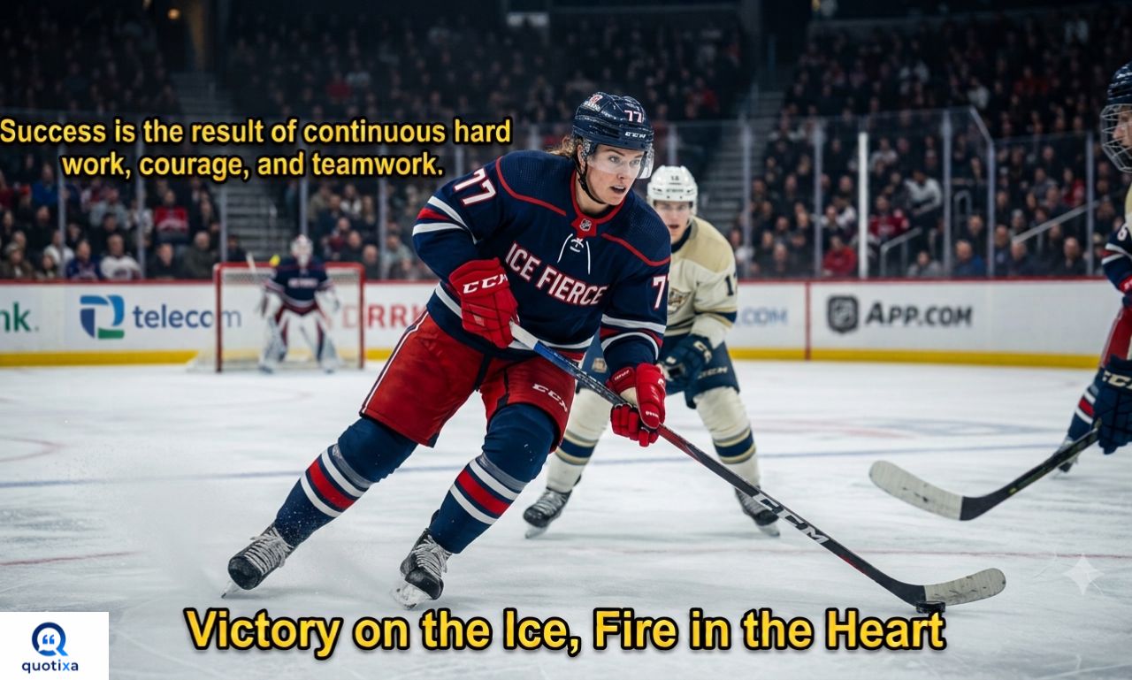 Success Ice Hockey Quotes featuring a hockey player celebrating victory on the ice.