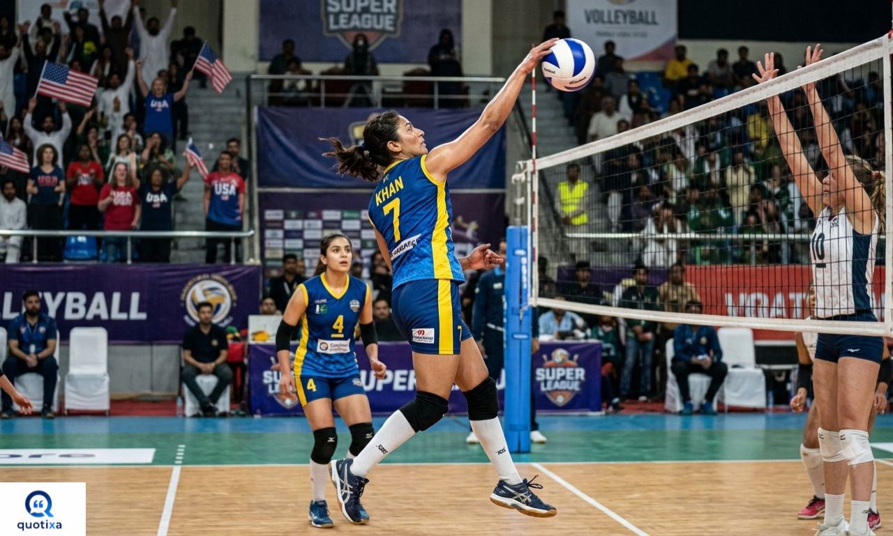 "Volleyball Quotes featuring an athlete serving the ball with inspiring sayings about teamwork, motivation, confidence, and success."