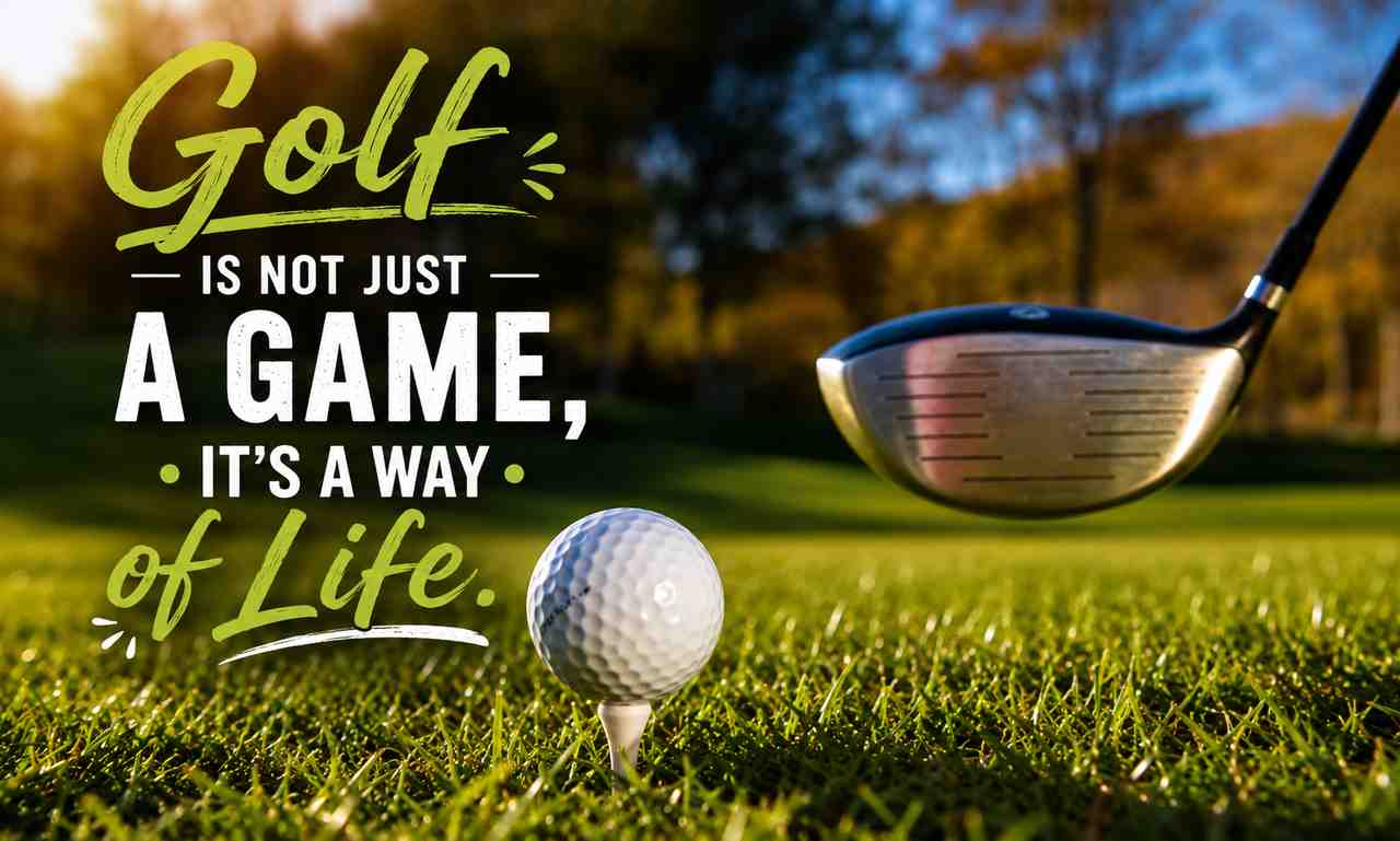 Golf Quotes golfer taking a powerful swing on a beautiful golf course with inspiring motivation for players and golf lovers.