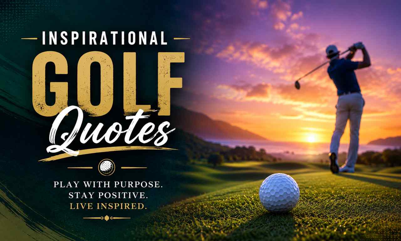 Inspirational Golf Quotes featuring a golfer confidently swinging on a peaceful golf course to inspire motivation, focus, and success.