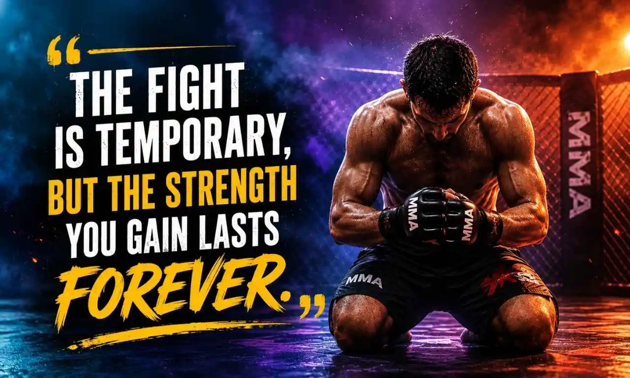 Inspirational MMA Quotes – determined mixed martial arts fighter standing in the cage, representing strength, discipline, courage, and the mindset of a champion.