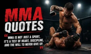 MMA Quotes powerful fighter standing inside the cage, symbolizing strength, discipline, determination, and the spirit of mixed martial arts.