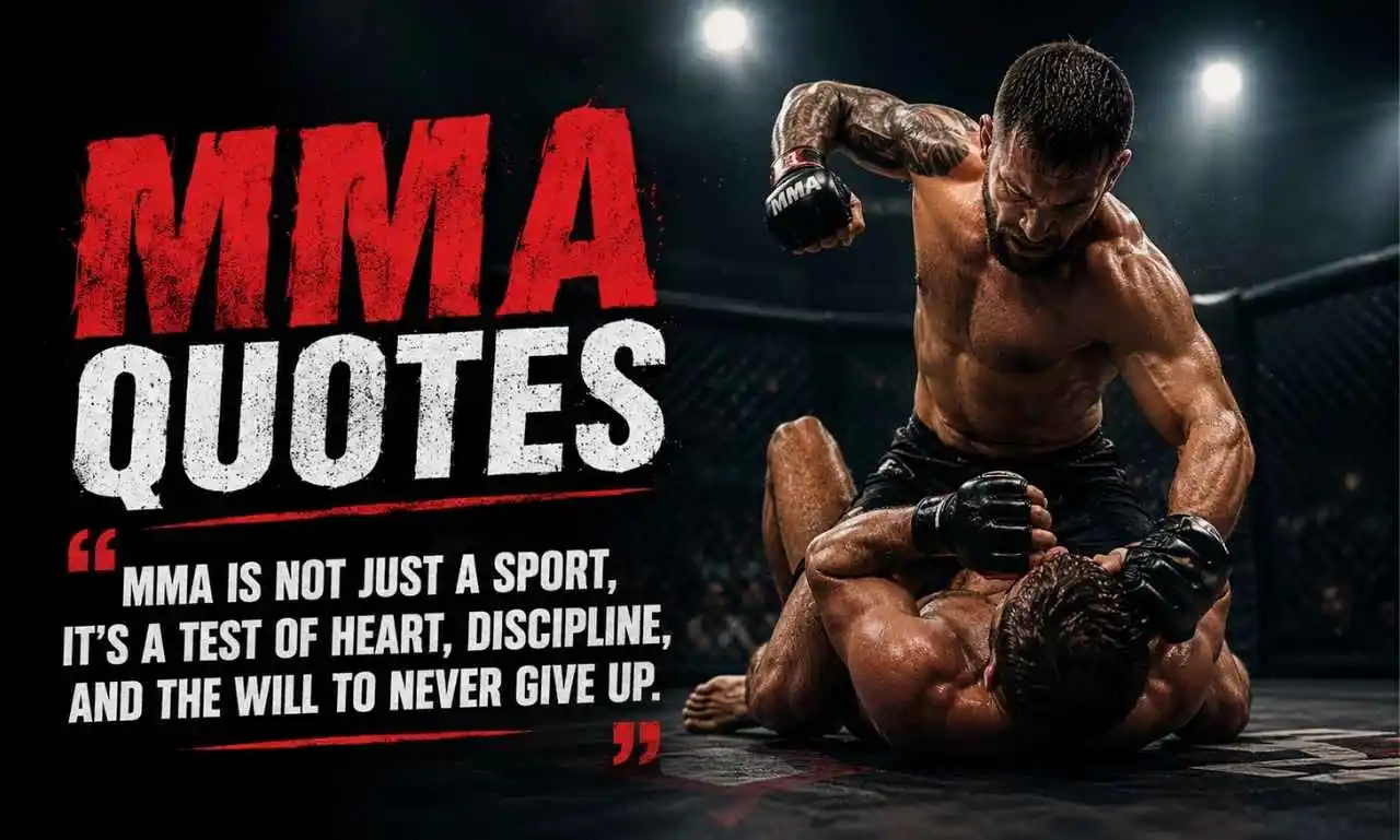 MMA Quotes powerful fighter standing inside the cage, symbolizing strength, discipline, determination, and the spirit of mixed martial arts.