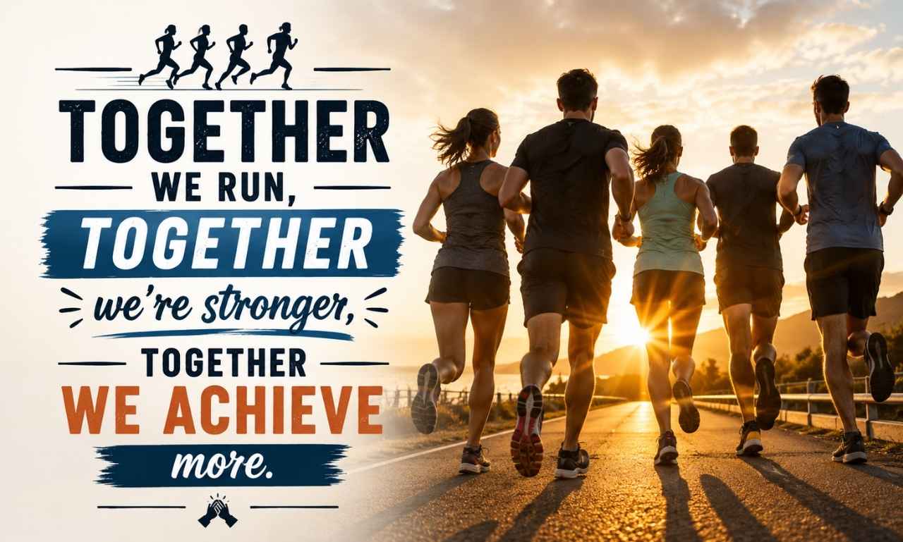 Running Quotes for Friends & Teams with a group of runners supporting each other during training and race day.