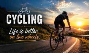 Cycling Quotes – Cyclist riding on a scenic mountain road during sunrise, inspiring motivation, adventure, and every ride.