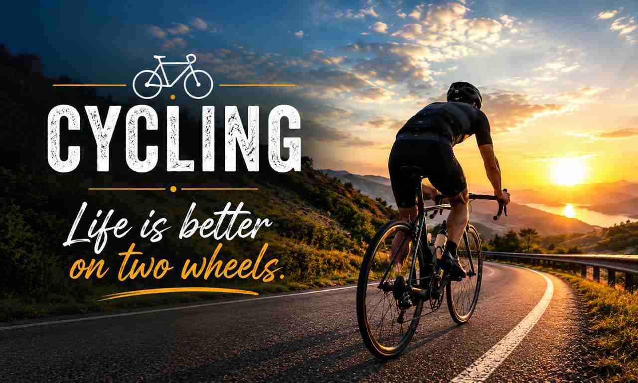 Cycling Quotes – Cyclist riding on a scenic mountain road during sunrise, inspiring motivation, adventure, and every ride.
